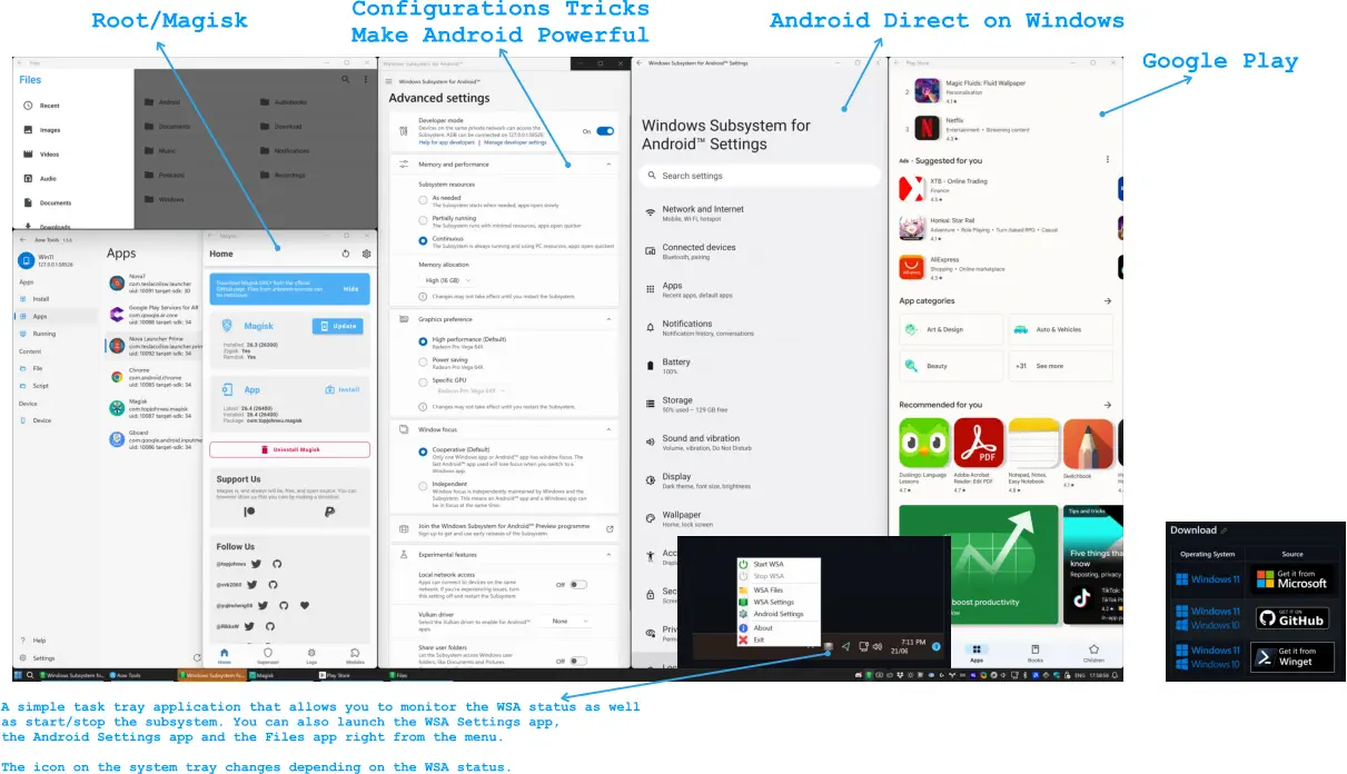 A simple task tray application that allows you to monitor the WSA status as well  as start/stop the subsystem. You can also launch the WSA Settings app,  the Android Settings app and the Files app right from the menu.  The icon on the system tray changes depending on the WSA status. Root/Magisk Google Play Android Direct on Windows Configurations Tricks Make Android Powerful