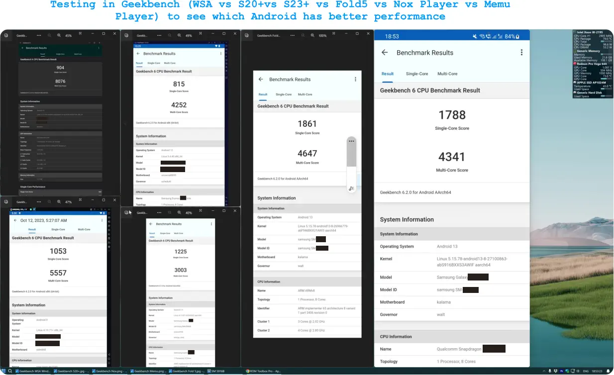 Testing in Geekbench (WSA vs S20+vs S23+ vs Fold5 vs Nox Player vs Memu Player) to see which Android has better performance