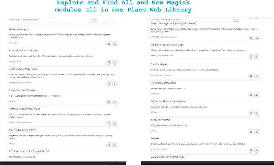 Explore and Find All and New Magisk modules all in one Place Web Library