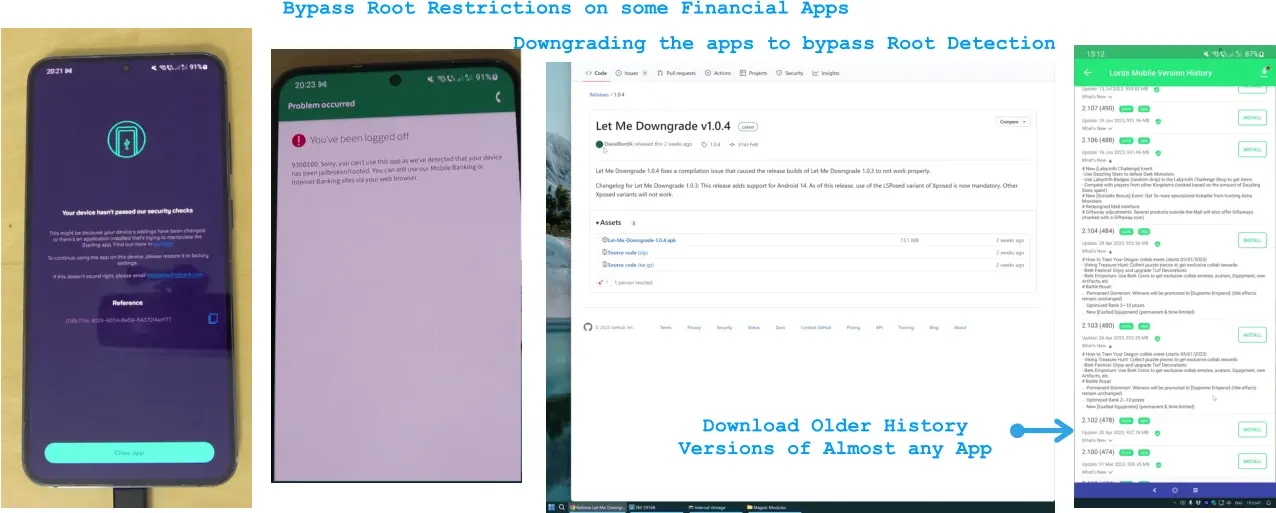 Downgrading the apps to bypass Root Detection Bypass Root Restrictions on some Financial Apps Download Older History  Versions of Almost any App