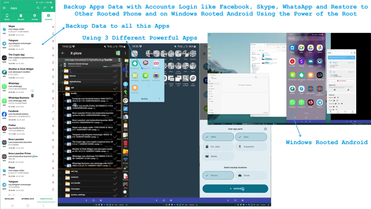 Backup Apps Data with Accounts Login like Facebook, Skype, WhatsApp and Restore to Other Rooted Phone and on Windows Rooted Android Using the Power of the Root Using 3 Different Powerful Apps Backup Data to all this Apps Windows Rooted Android