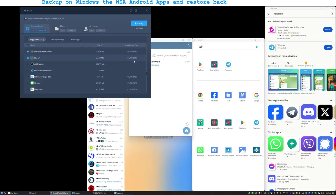 Backup on Windows the WSA Android Apps and restore back