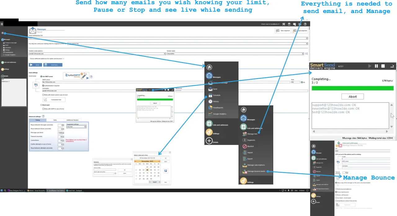 Send how many emails you wish knowing your limit, Pause or Stop and see live while sending Manage Bounce Everything is needed to send email, and Manage