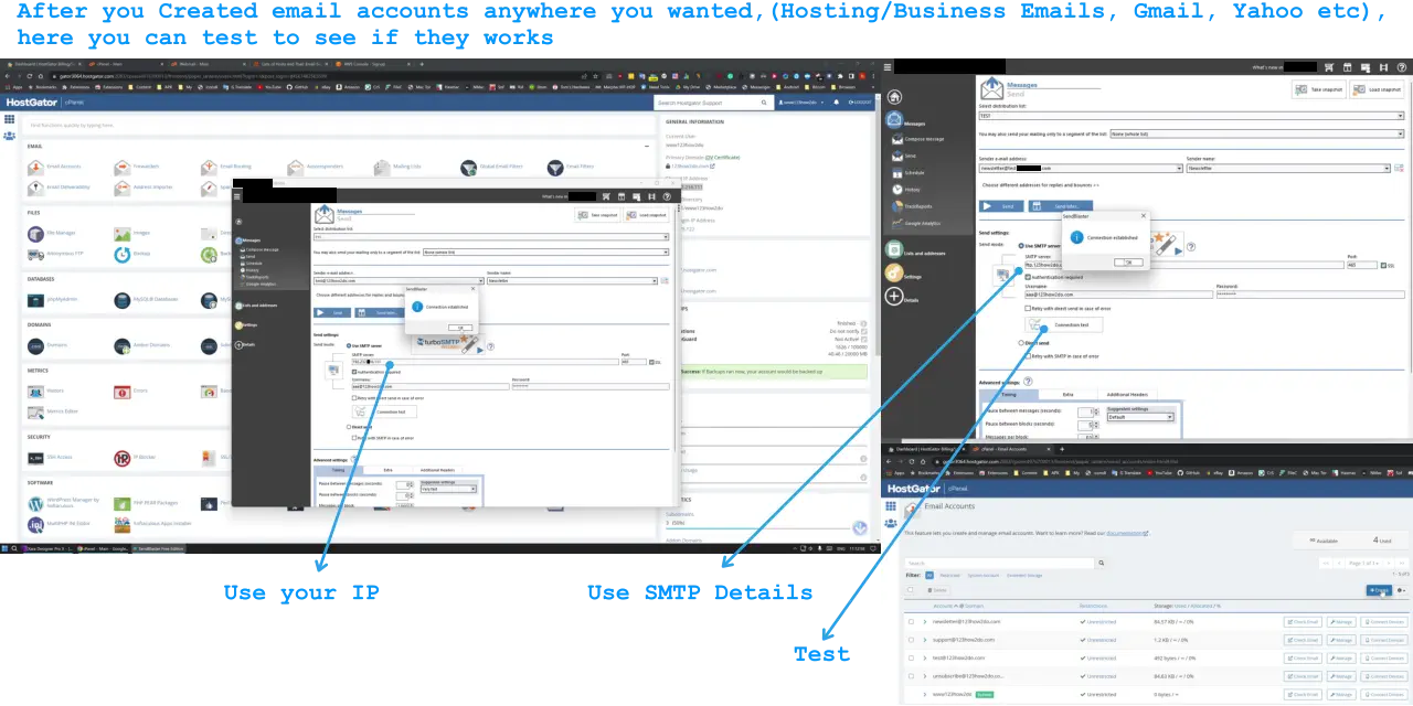 After you Created email accounts anywhere you wanted,(Hosting/Business Emails, Gmail, Yahoo etc), here you can test to see if they works Use your IP Use SMTP Details Test