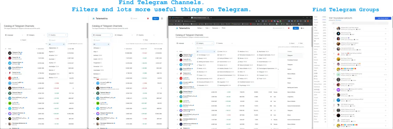 Find Telegram Channels.  Filters and lots more useful things on Telegram.  Find Telegram Groups