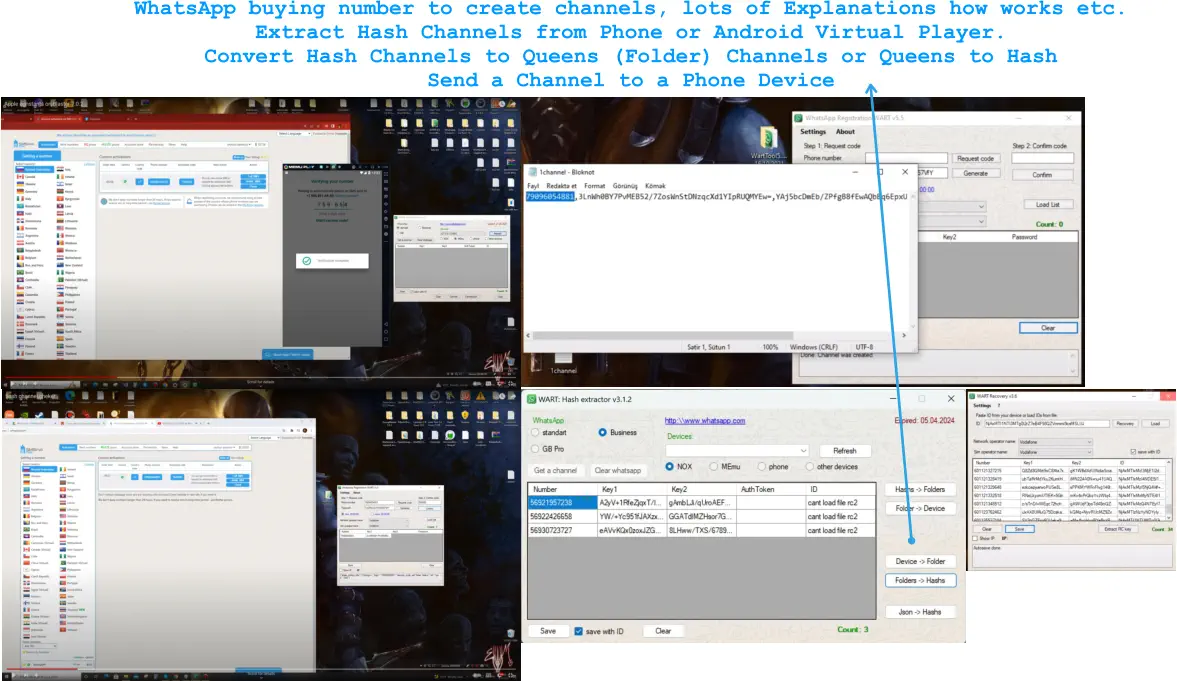 WhatsApp buying number to create channels, lots of Explanations how works etc. Extract Hash Channels from Phone or Android Virtual Player. Convert Hash Channels to Queens (Folder) Channels or Queens to Hash Send a Channel to a Phone Device