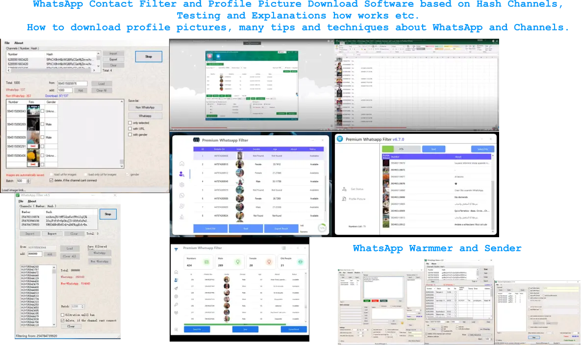 WhatsApp Contact Filter and Profile Picture Download Software based on Hash Channels,  Testing and Explanations how works etc. How to download profile pictures, many tips and techniques about WhatsApp and Channels.  WhatsApp Warmmer and Sender