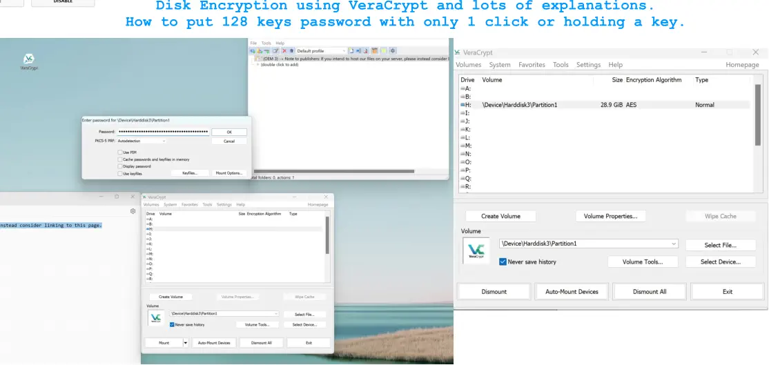 Disk Encryption using VeraCrypt and lots of explanations.  How to put 128 keys password with only 1 click or holding a key.