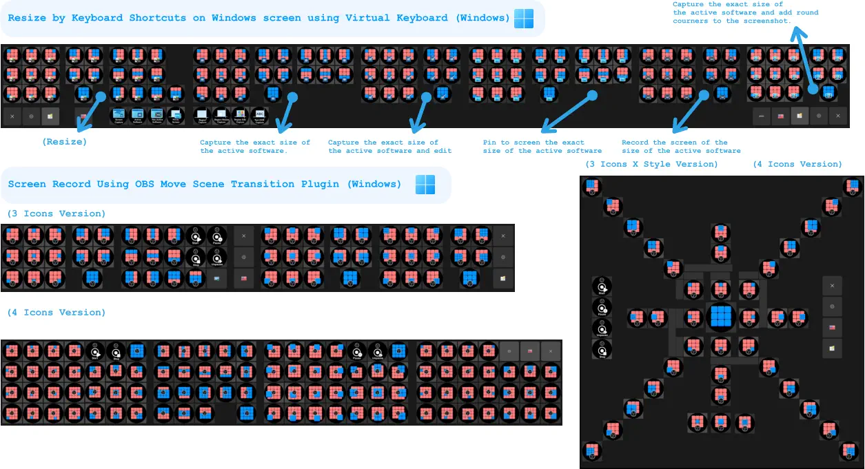 Resize by Keyboard Shortcuts on Windows screen using Virtual Keyboard (Windows) Screen Record Using OBS Move Scene Transition Plugin (Windows) (3 Icons Version) (Resize) Capture the exact size of the active software.   Capture the exact size of the active software and edit  Pin to screen the exact  size of the active software   Record the screen of the size of the active software   Capture the exact size of the active software and add round courners to the screenshot.   (4 Icons Version) (3 Icons X Style Version) (4 Icons Version)