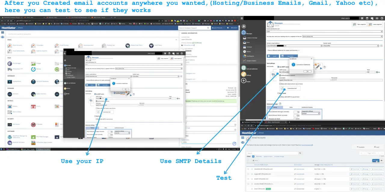 After you Created email accounts anywhere you wanted,(Hosting/Business Emails, Gmail, Yahoo etc), here you can test to see if they works Use your IP Use SMTP Details Test